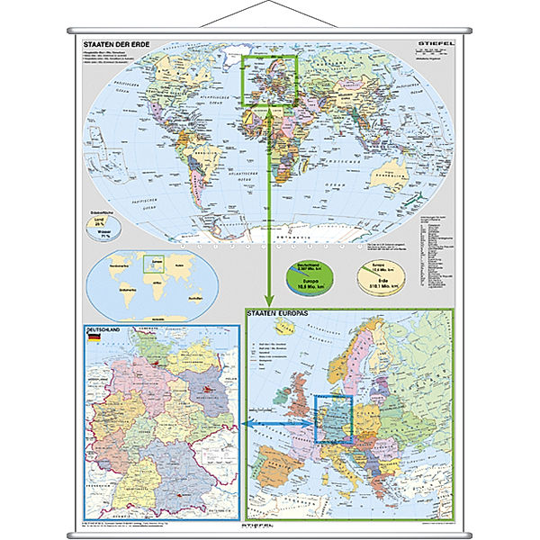 Stiefel Wandkarte Grossformat Deutschland und Europa in der Welt (politisch), mit Metallstäben