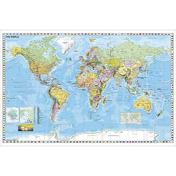 Stiefel Wandkarte Großformat Weltkarte, politisch mit Flaggenrand, englische Ausgabe, ohne Metallstäbe