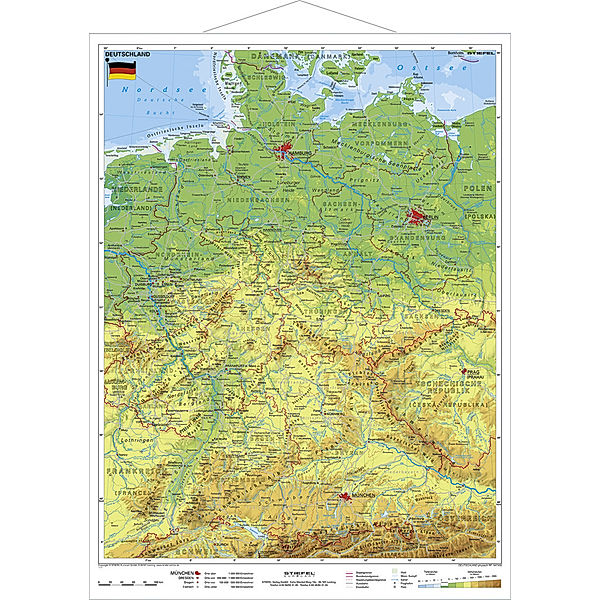 Stiefel Wandkarte Kleinformat Deutschland, physisch, mit Metallstäben