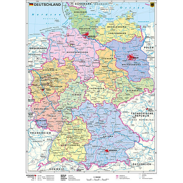 Stiefel Wandkarte Kleinformat Deutschland, politisch, ohne Metallstäbe