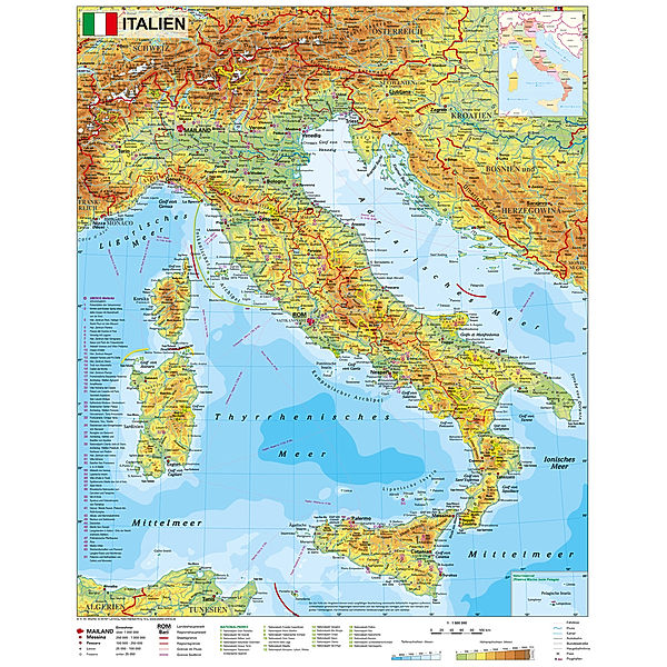 Stiefel Wandkarte Kleinformat Italien physisch, Heinrich Stiefel