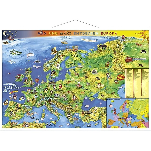 Stiefel Wandkarte Kleinformat, mit Metallstäben / Kindereuropakarte - Max und Maxi entdecken Europa