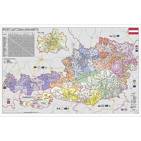 Stiefel Wandkarte Kleinformat Österreich, Postleitzahlen, ohne Metallstäbe