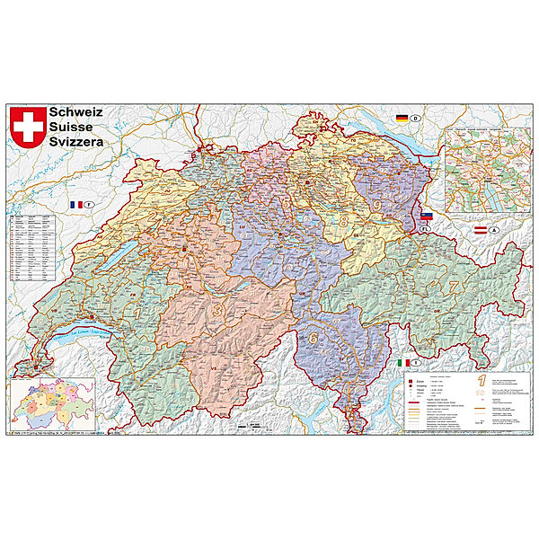 Stiefel Wandkarte Kleinformat Schweiz Postleitzahlen, ohne Metallstäbe