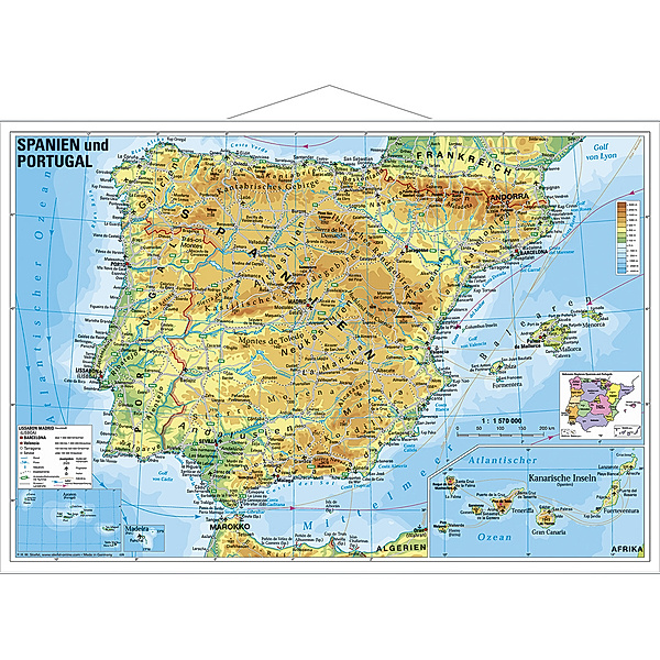 Stiefel Wandkarte Kleinformat Spanien und Portugal, physisch, mit Metallstäben