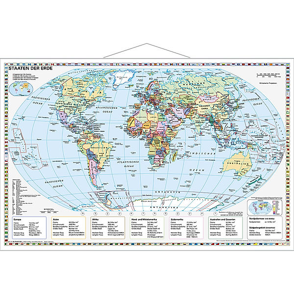 Stiefel Wandkarte Kleinformat Staaten der Erde, Wandkarte, mit Metallstäben