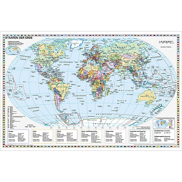 Stiefel Wandkarte Kleinformat Staaten der Erde, Wandkarte, ohne Metallstäbe