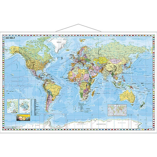 Stiefel Wandkarte Kleinformat Weltkarte politisch mit Flaggenrand, deutschsprachig, mit Metallstäben
