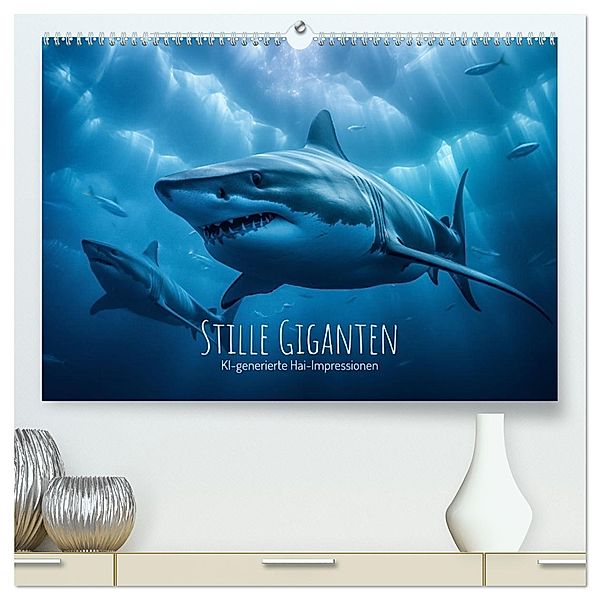 Stille Giganten - KI-generierte Hai-Impressionen (hochwertiger Premium Wandkalender 2025 DIN A2 quer), Kunstdruck in Hochglanz, Calvendo, artefacti