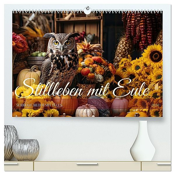 Stillleben mit Eule (hochwertiger Premium Wandkalender 2024 DIN A2 quer), Kunstdruck in Hochglanz, HanneLeese