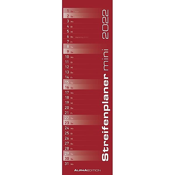 Streifenplaner Mini Rot 2022 - Streifen-Kalender 9,5x33 cm - Küchenkalender - Wandplaner - Alpha Edition
