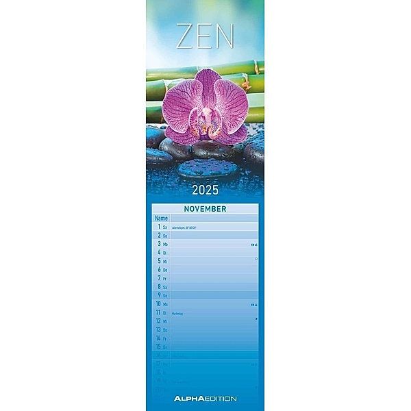 Streifenplaner Mini Zen 2025 - Streifen-Kalender 9,5x33 cm - Harmonie und Achtsamkeit - Wandplaner - Küchenkalender - Alpha Edition