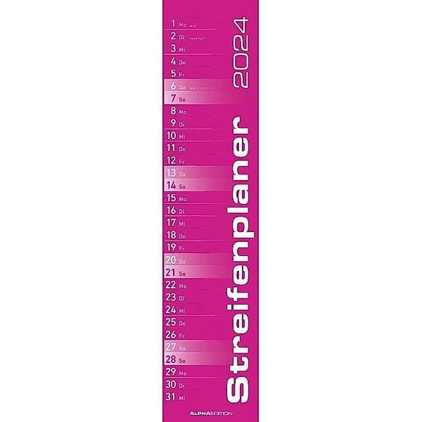 Streifenplaner PINK 2024 - Streifenkalender - Wandplaner - Küchen-Kalender - 11,3x49,5