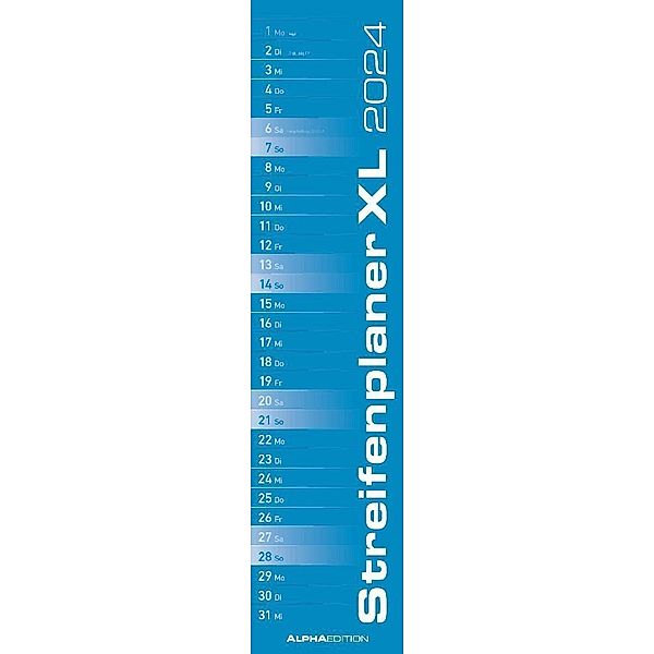 Streifenplaner XL BLAU 2024 - Streifenkalender 15x64 cm - Wandplaner - Küchenkalender - schmales Design - eine Spalte - Langplaner