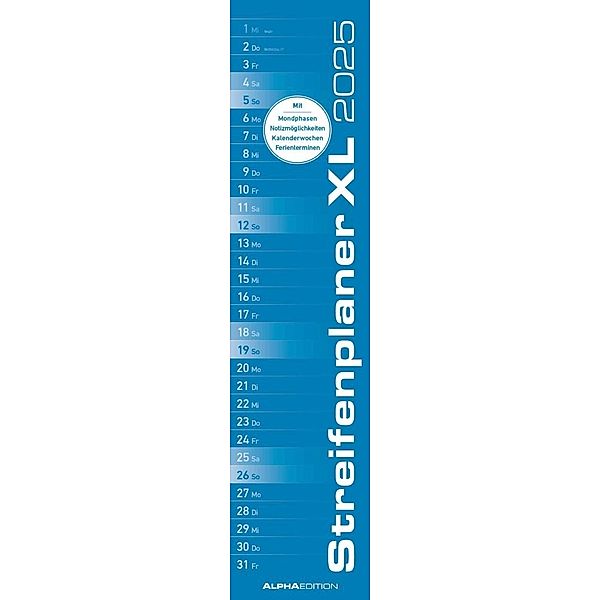 Streifenplaner XL BLAU 2025 - Streifenkalender 15x64 cm - Wandplaner - Küchenkalender - schmales Design - eine Spalte - Langplaner