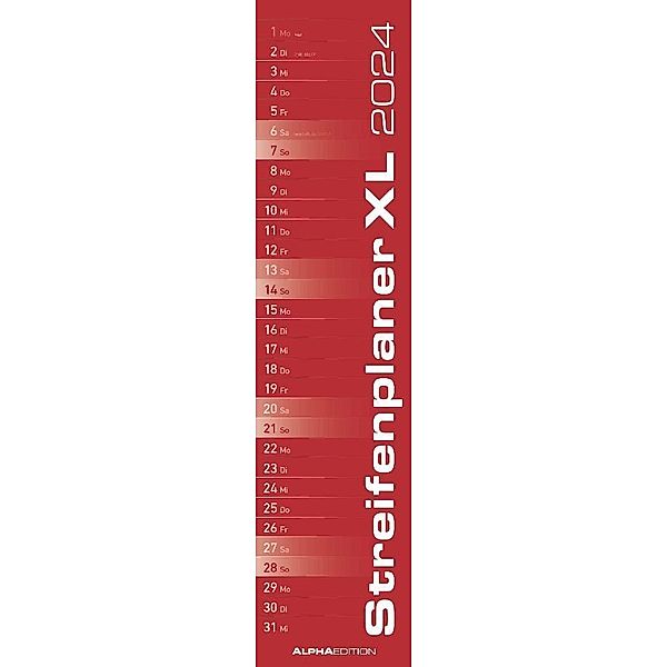 Streifenplaner XL ROT 2024 - Streifenkalender 15x64 cm - Wandplaner - Küchenkalender - schmales Design - eine Spalte - Langplaner