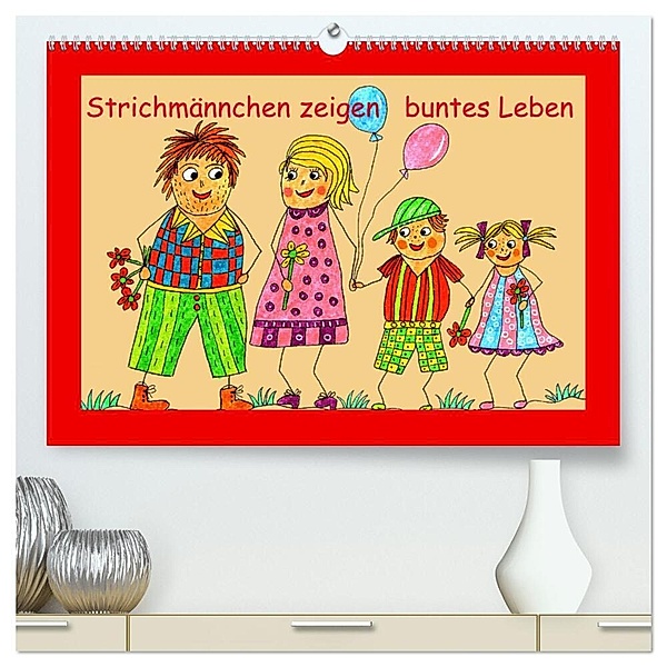 Strichmännchen zeigen buntes Leben (hochwertiger Premium Wandkalender 2024 DIN A2 quer), Kunstdruck in Hochglanz, Sarnade