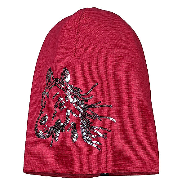 Döll Strick-Beanie PINK ROSE – PFERD mit Pailletten in purpurrot