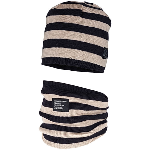 maximo Strickbeanie BOY STRIPES mit Schlauchschal in feder/anthrazit