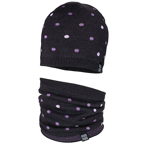 maximo Strickbeanie SHINY DOTS mit Schlauchschal in carbon meliert/krokus