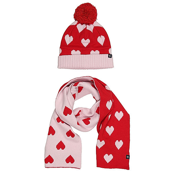 Tom Joule® Strickmütze SNOWY – HEARTS mit Schal in rot/rosa