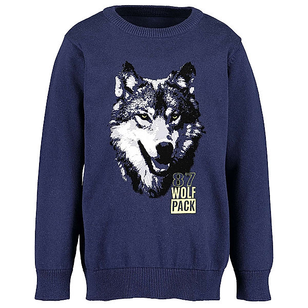 BLUE SEVEN Strickpullover ARCTIC WOLVES mit Flockprint in nachtblau