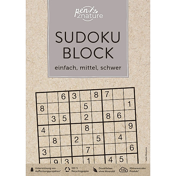 Sudoku-Block: einfach, mittel, schwer. 192 Sudokus in 3 Schwierigkeitsstufen, pen2nature