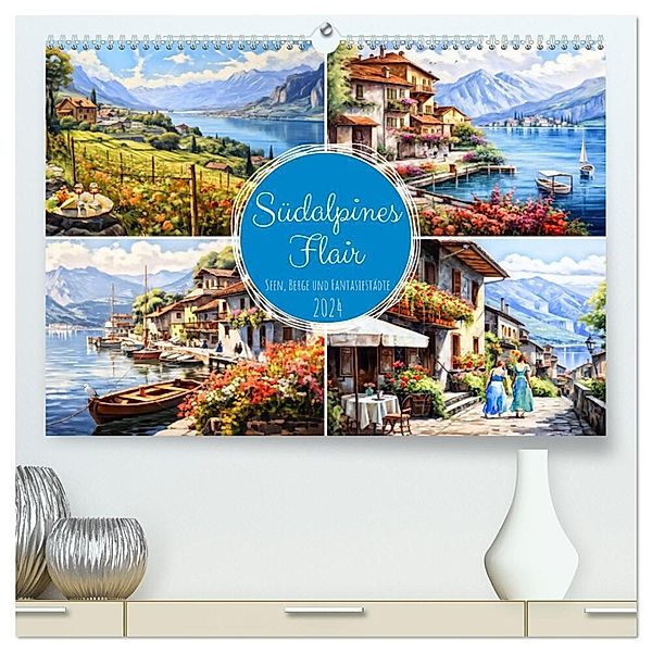 Südalpines Flair - Seen, Berge und Fantasiestädte (hochwertiger Premium Wandkalender 2024 DIN A2 quer), Kunstdruck in Hochglanz, Anja Frost