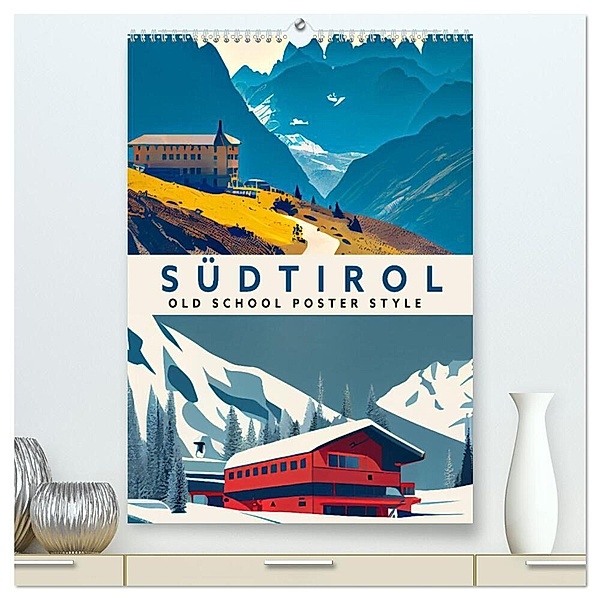 Südtirol - Old School Poster Style (hochwertiger Premium Wandkalender 2024 DIN A2 hoch), Kunstdruck in Hochglanz, Val Thoermer
