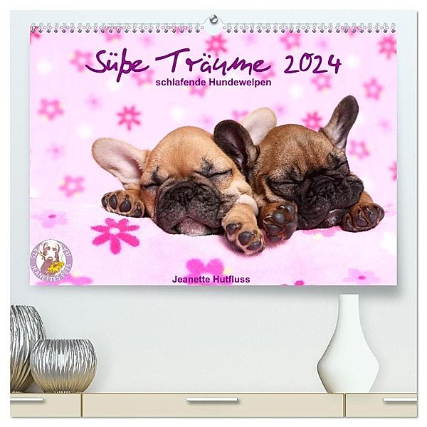 Süsse Träume 2024 - schlafende Hundewelpen (hochwertiger Premium Wandkalender 2024 DIN A2 quer), Kunstdruck in Hochglanz, Jeanette Hutfluss