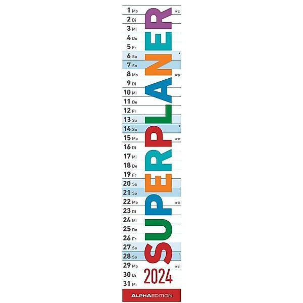 Superplaner 2024 - Streifenkalender 17x85 cm - mit Ringbindung - viel Platz für Notizen - Langplaner - Wandkalender - Küchenkalender - Alpha Edition