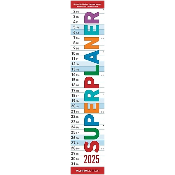 Superplaner 2025 - Streifenkalender 17x85 cm - mit Ringbindung - viel Platz für Notizen - Langplaner - Wandkalender - Küchenkalender - Alpha Edition