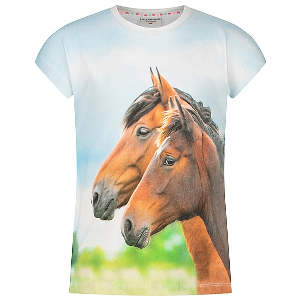SALT AND PEPPER T-Shirt BROWN HORSES in pastel blue