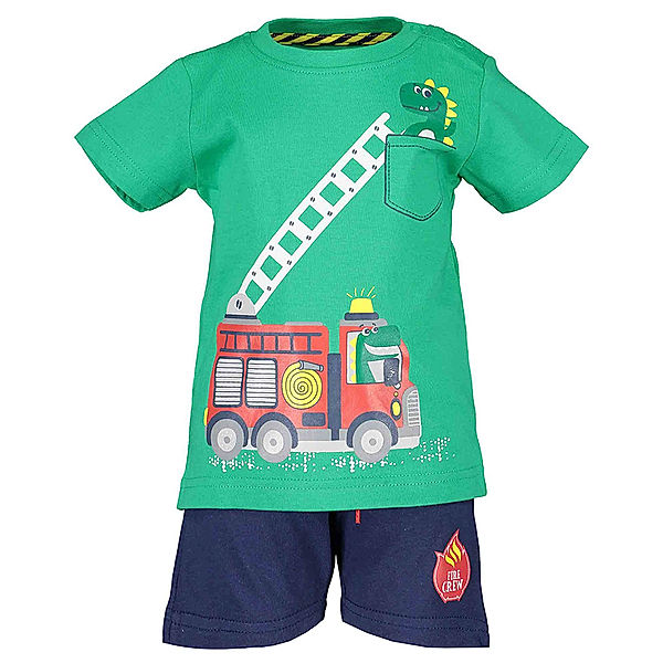 BLUE SEVEN T-Shirt FEUERWEHR DINO mit Shorts in grün/dunkelblau