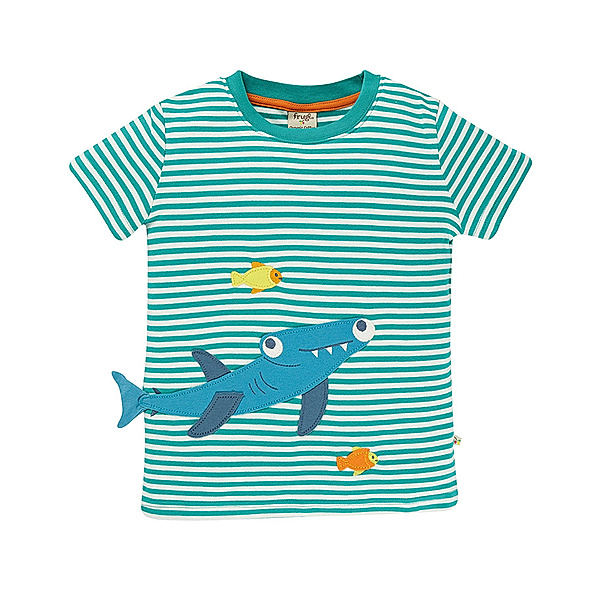 frugi T-Shirt JOSHUA – 3D SHARK in gestreift türkis/weiß
