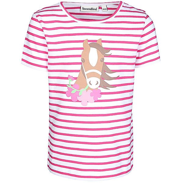 tausendkind collection T-Shirt PFERD MIT BLUME gestreift in rosa/weiß