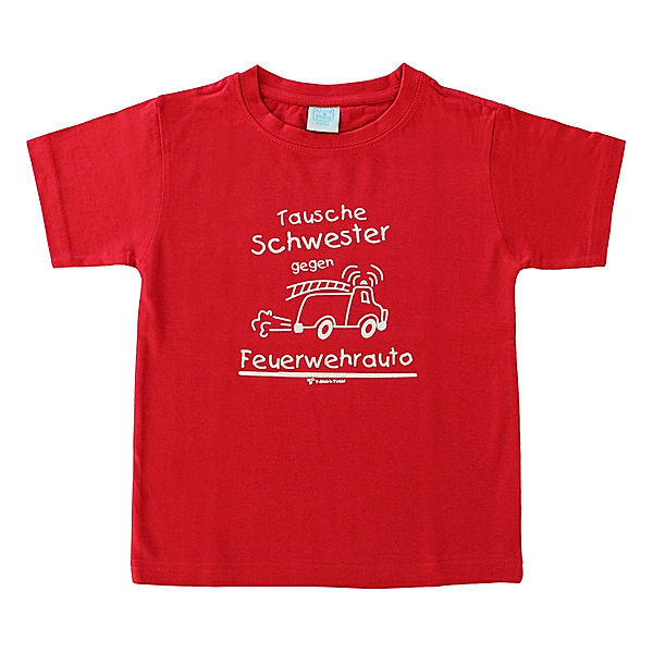 T-Shirt Tausche Schwester gegen Feuerwehrauto, rot (Größe: 134/140)