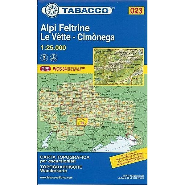 Tabacco topographische Wanderkarte Alpi Feltrine, Le Vette-Cimonega