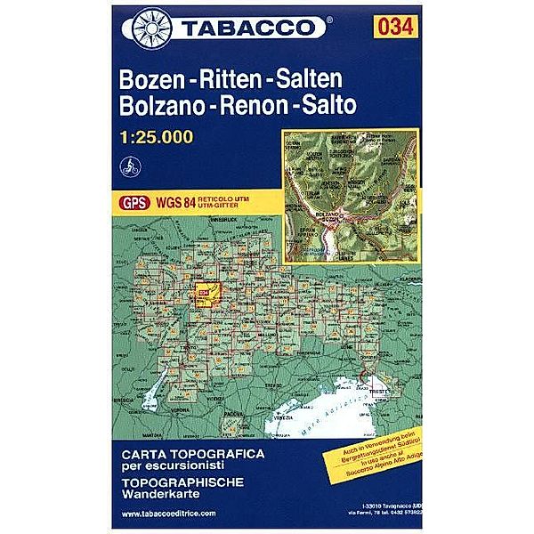 Tabacco topographische Wanderkarte Bozen, Ritten, Salten. Bolzano, Renon, Salto