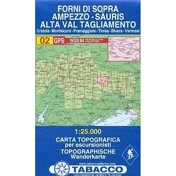 Tabacco topographische Wanderkarte Forni di Sopra, Ampezzo-Sàuris, Alta Val Tagliamento