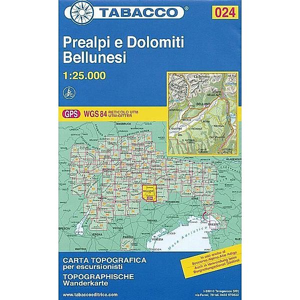 Tabacco topographische Wanderkarte Prealpi e Dolomiti Bellunesi