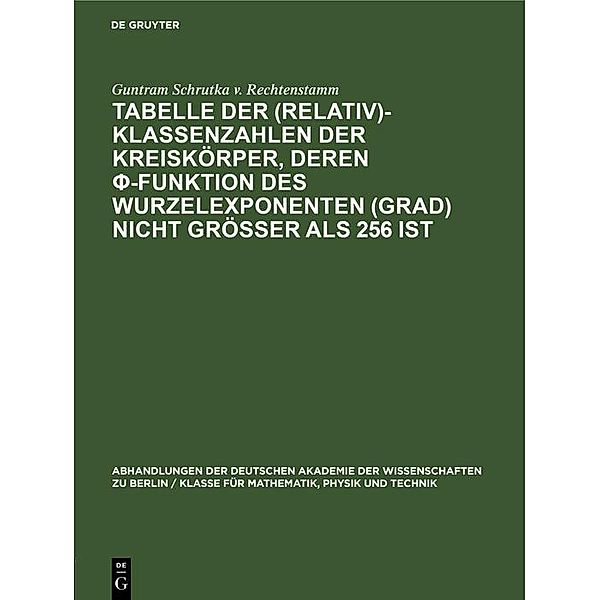 Tabelle der (Relativ)-Klassenzahlen der Kreiskörper, deren f-Funktion des Wurzelexponenten (Grad) nicht größer als 256 ist / Abhandlungen der Deutschen Akademie der Wissenschaften zu Berlin / Klasse für Mathematik, Physik und Technik Bd.1964, 2, Guntram Schrutka v. Rechtenstamm