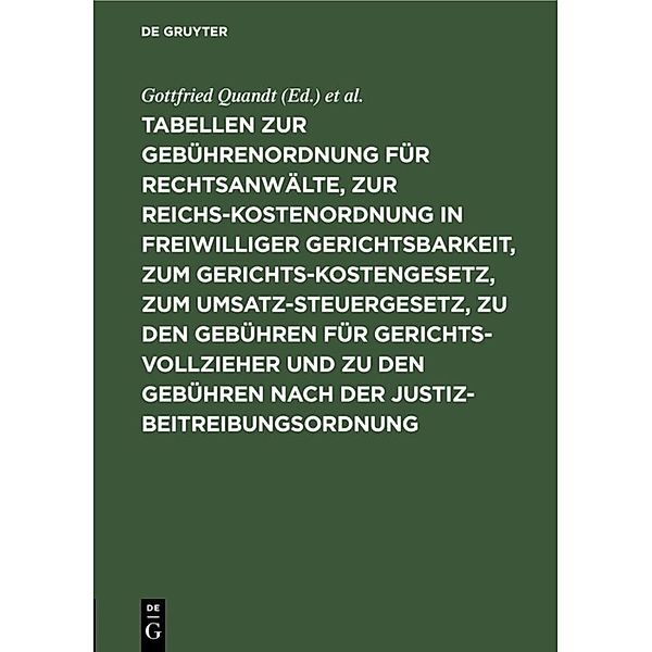 Tabellen zur Gebührenordnung für Rechtsanwälte, zur Reichskostenordnung in freiwilliger Gerichtsbarkeit, zum Gerichtskostengesetz, zum Umsatzsteuergesetz, zu den Gebühren für Gerichtsvollzieher und zu den Gebühren nach der Justizbeitreibungsordnung