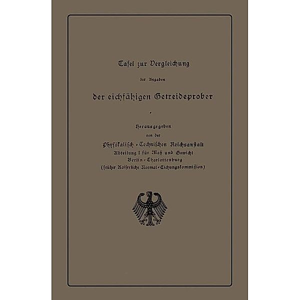 Tafel zur Vergleichung der Angaben der eichfähigen Getreideprober miteinander und mit anderen Qualitätsangaben von Getre, Physikalisch-Technischen Reichsanstalt