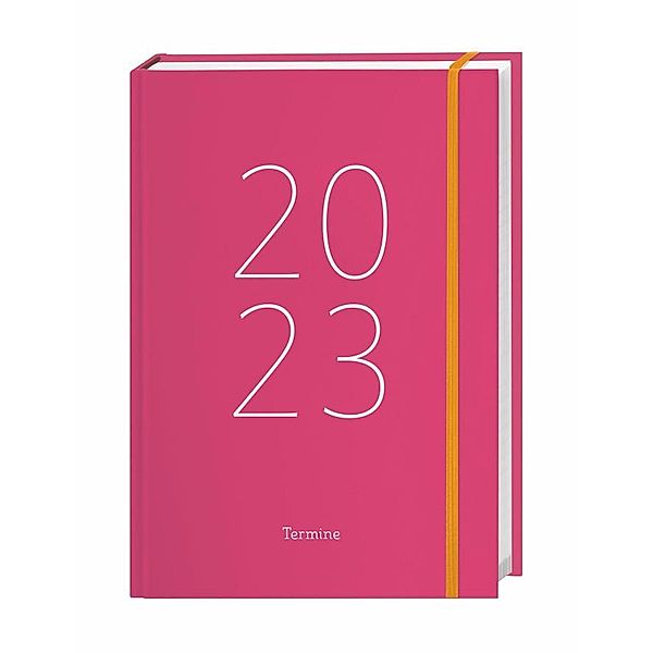 Tages-Kalenderbuch A5 2023. Pinker Terminkalender mit Schulferien und Feiertagen. Buch-Kalender mit Lesebändchen und Gum