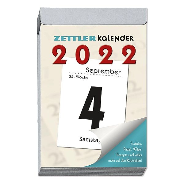 Tagesabreißkalender L 2022 - 6,6x9,9 cm - 1 Tag auf 1 Seite - mit Sudokus, Rezepten, Rätseln uvm. auf den Rückseiten - B