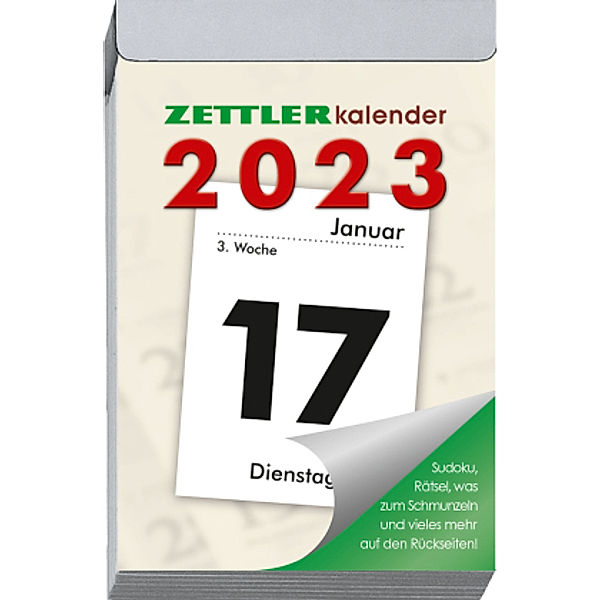 Tagesabreißkalender L 2023 - 6,6x9,9 cm - 1 Tag auf 1 Seite - mit Sudokus, Rezepten, Rätseln uvm. auf den Rückseiten - B