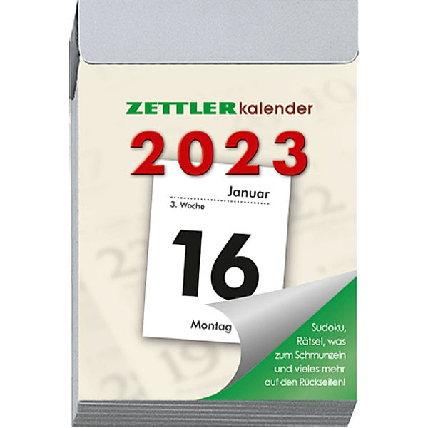 Tagesabreißkalender S 2023 - 4,1x5,9 cm - 1 Tag auf 1 Seite - mit Sudokus, Rezepten, Rätseln uvm. auf den Rückseiten - B