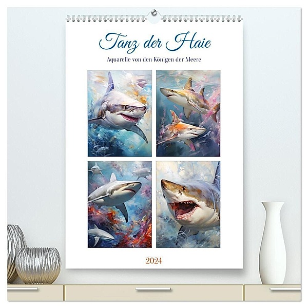 Tanz der Haie. Aquarelle von den Königen der Meere (hochwertiger Premium Wandkalender 2024 DIN A2 hoch), Kunstdruck in Hochglanz, Rose Hurley