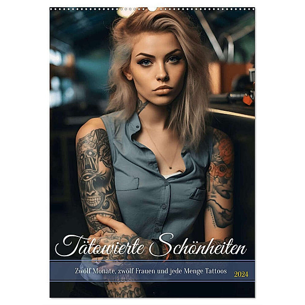 Tattoo Schönheiten - zwölf Monate, zwölf Frauen und jede Menge Tattoos (Wandkalender 2024 DIN A2 hoch), CALVENDO Monatskalender, Calvendo, HollywayArt